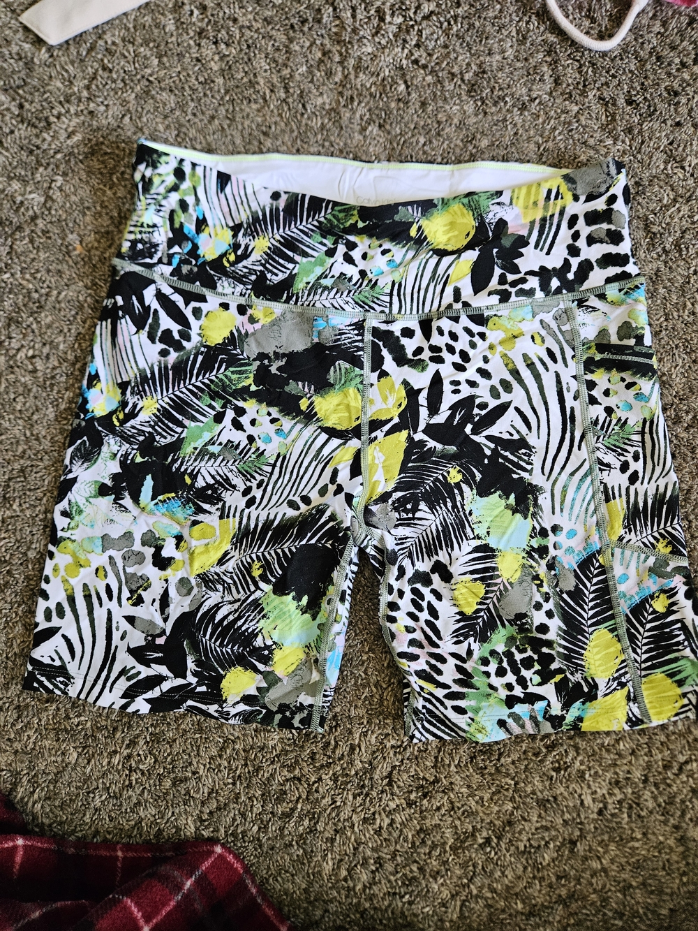 Calvin Klein Black & White Tropical Print Bike Shorts with Yellow & Teal Accents